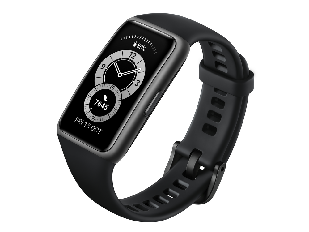 Reloj inteligente negro con pantalla curva y correa negra, fondo blanco.