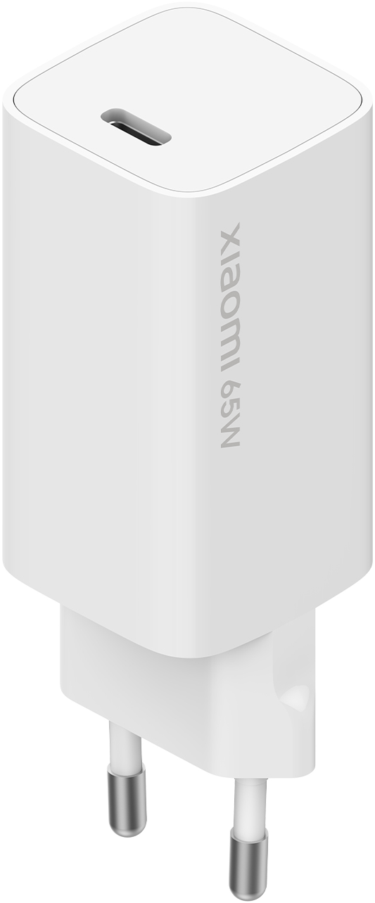 Fehér Xiaomi 65W töltő, USB-C porttal és két csatlakozóval.