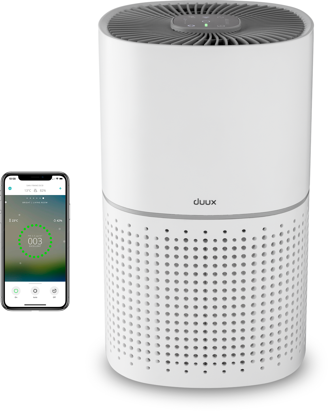 Witte luchtreiniger met een telefoon die luchtkwaliteitsgegevens weergeeft. De reiniger heeft een geperforeerd onderste gedeelte. De telefoon toont de luchtkwaliteit.