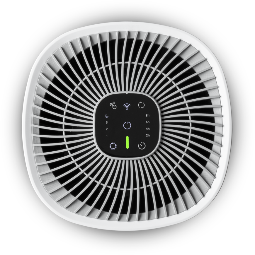 Bovenaanzicht van een witte luchtreiniger met zwart bedieningspaneel. Het heeft ventilatorbladen en aanraakbediening.