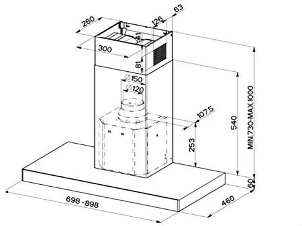 Diagrama de una campana extractora. Muestra dimensiones y piezas.