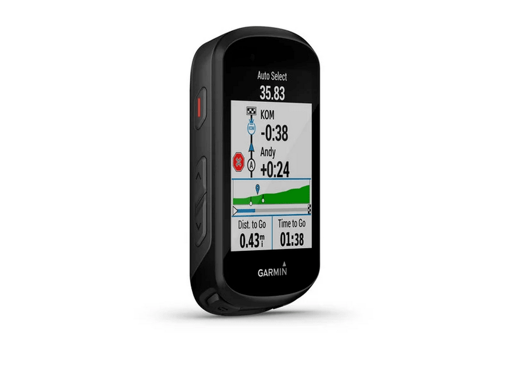Ordenador de ciclismo GPS negro con una pantalla que muestra datos.
