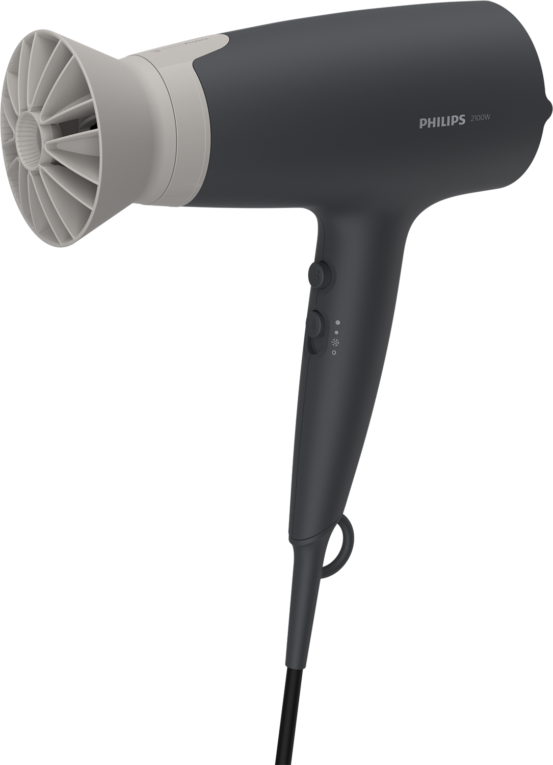 Dark grey Philips hair dryer, grey nozzle, black handle and cord.
