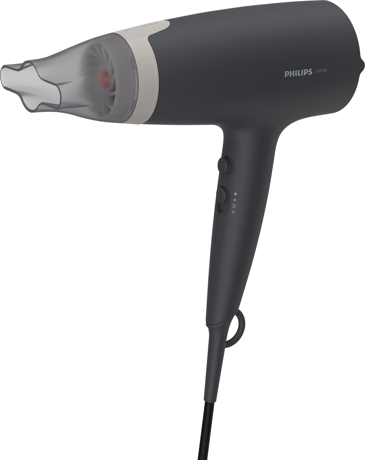 Dark gray hair dryer with a black handle and a Philips logo.