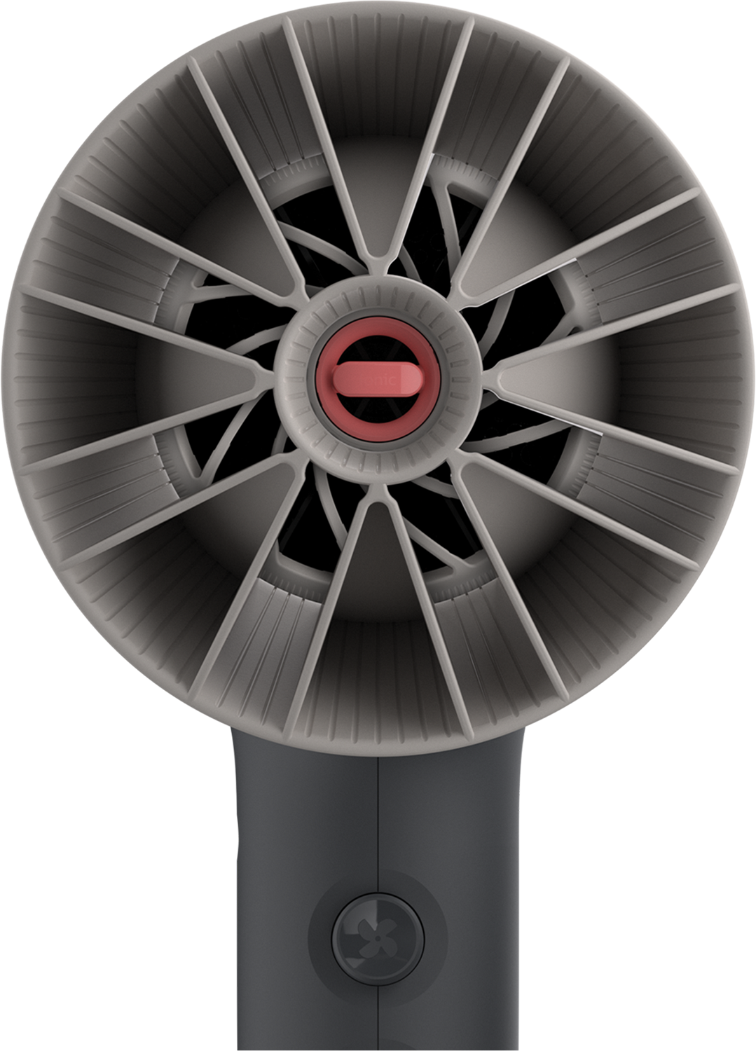 Fan with gray blades and a red center, dark handle.