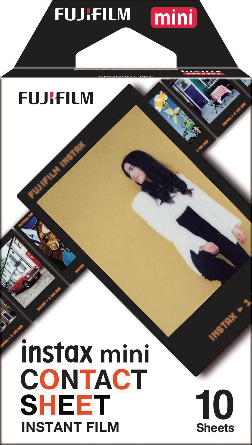 Eine Fujifilm Instax Mini Filmbox. Enthält Sofortbildfilm und zeigt Fotos auf der Vorderseite.