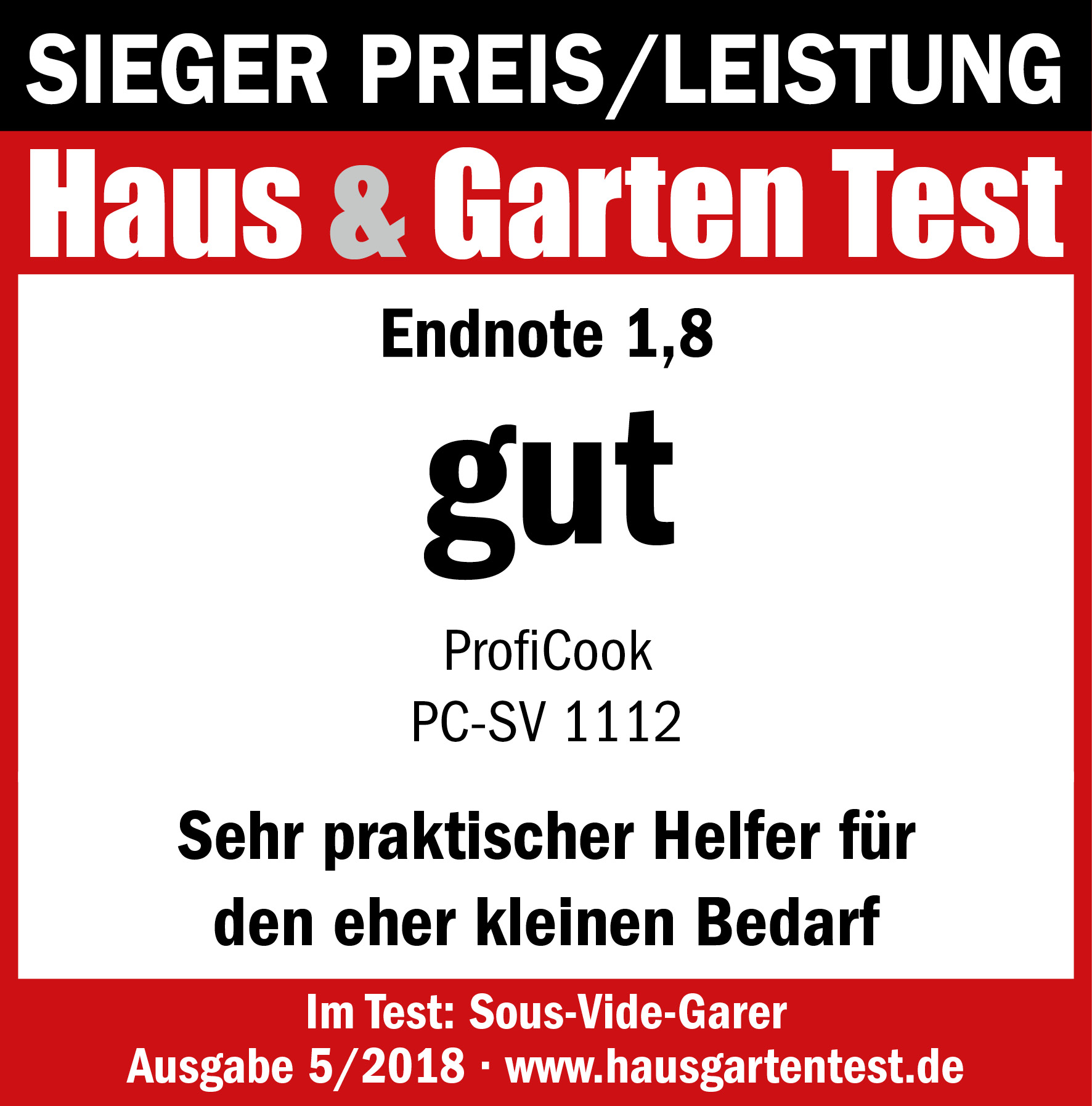 Ein Haus & Garten Test-Auszeichnungszertifikat mit der Bewertung 'gut' und Produktdetails.