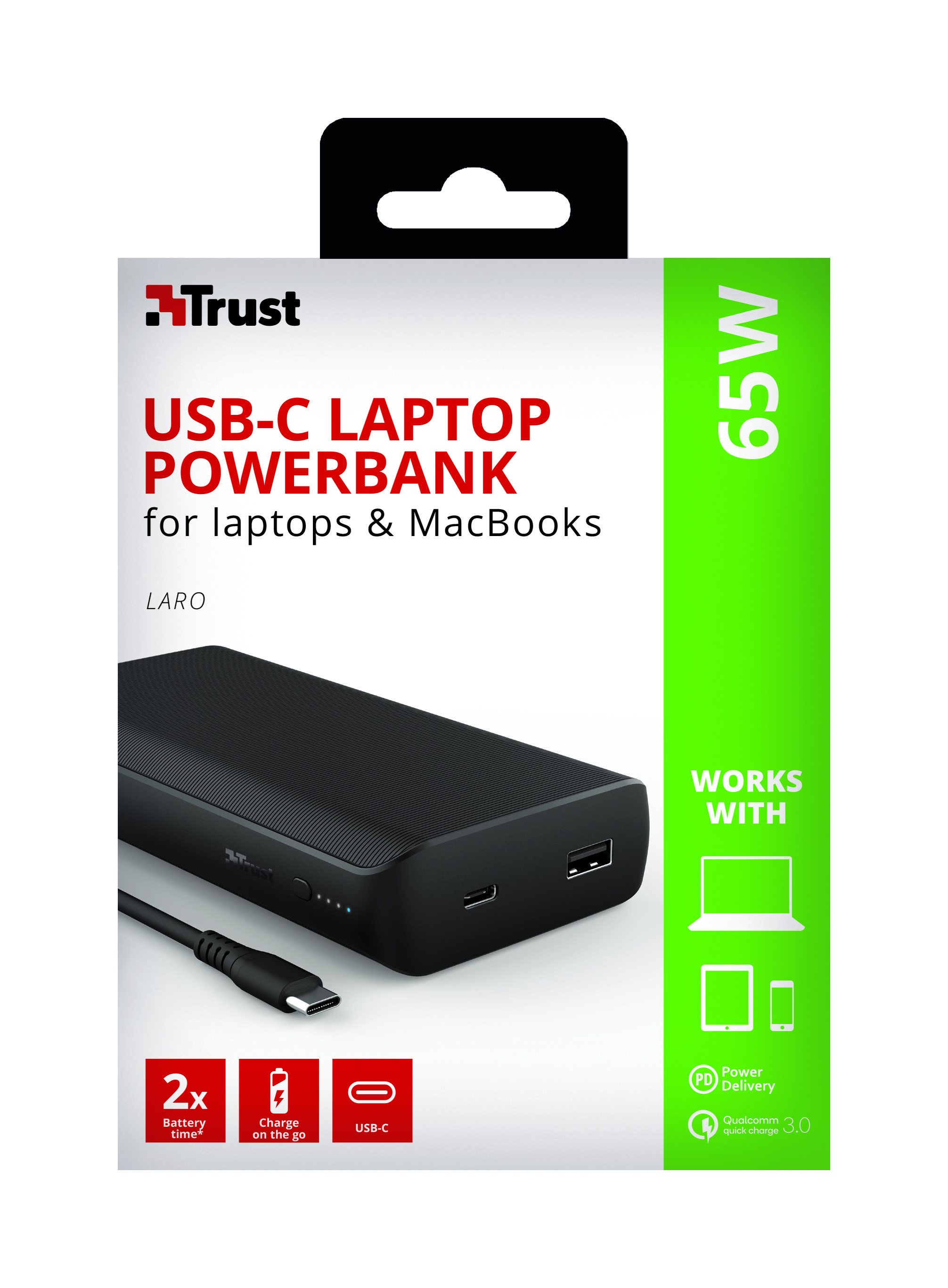 TRUST 23892 Laro Powerbank Apple, Acer, Asus, Dell, Google, HP, Lenovo, LG, Microsoft, 20000 mAh, Schwarz