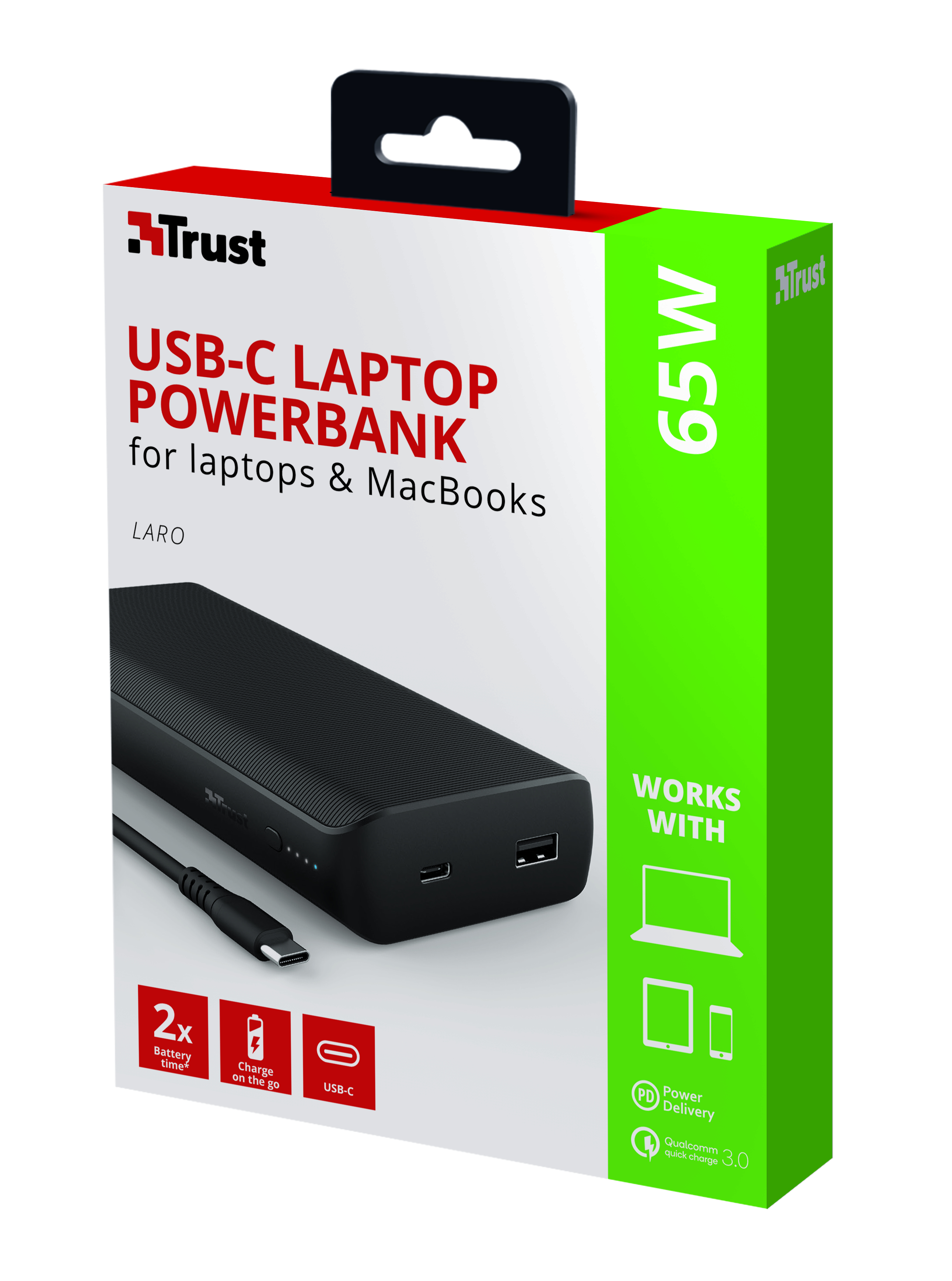 TRUST 23892 Laro Powerbank Apple, Acer, Asus, Dell, Google, HP, Lenovo, LG, Microsoft, 20000 mAh, Schwarz