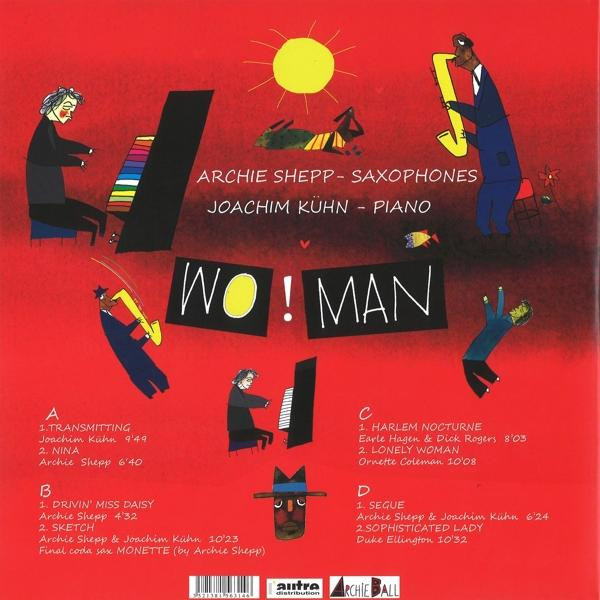 Albumcover für 'Wo!Man' von Archie Shepp und Joachim Kuhn. Enthält Kunst mit Musikern und Text.
