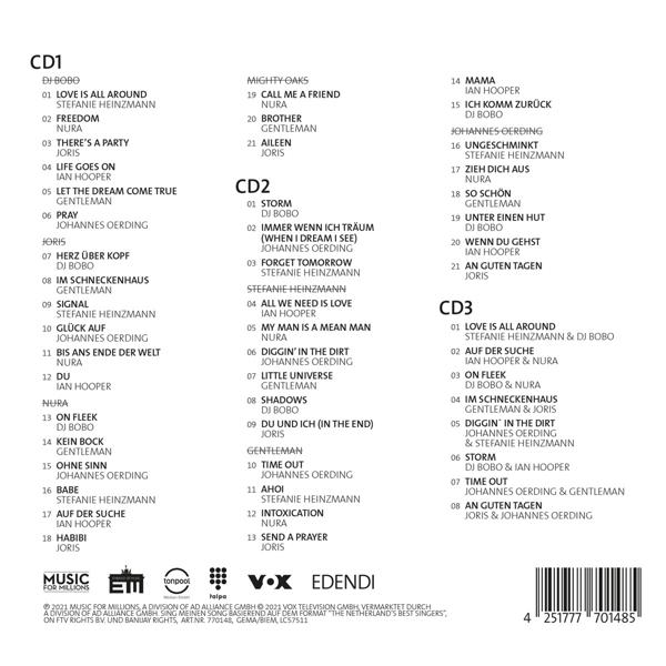 CD-Cover mit Titelliste, Künstlernamen und Logos. Text ist weiß auf schwarzem und weißem Hintergrund.