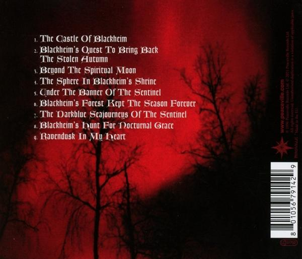 Albumcover-Kunst für ein rotes und schwarzes Album mit einer dunklen Waldszene.
