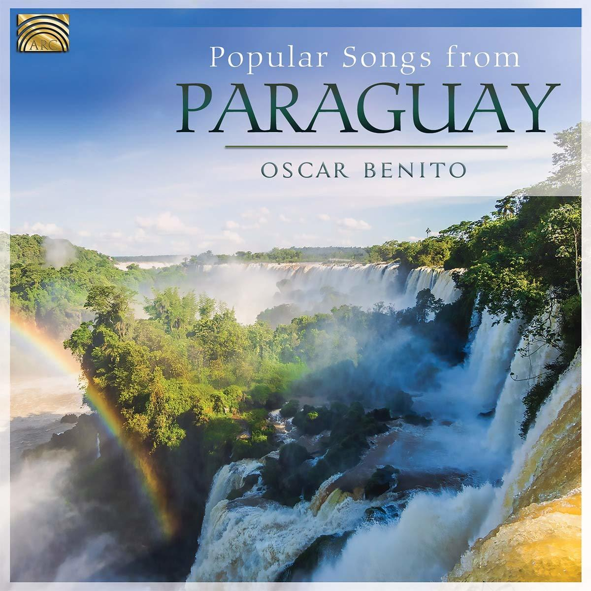 Albumcover: Wasserfälle, Regenbogen und Text: Popular Songs from Paraguay, Oscar Benito.