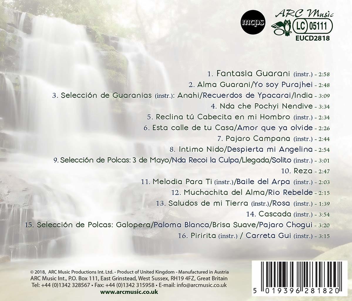 Albumcover, Musik-Trackliste mit Songtiteln und Credits, mit Wasserfall-Hintergrund.