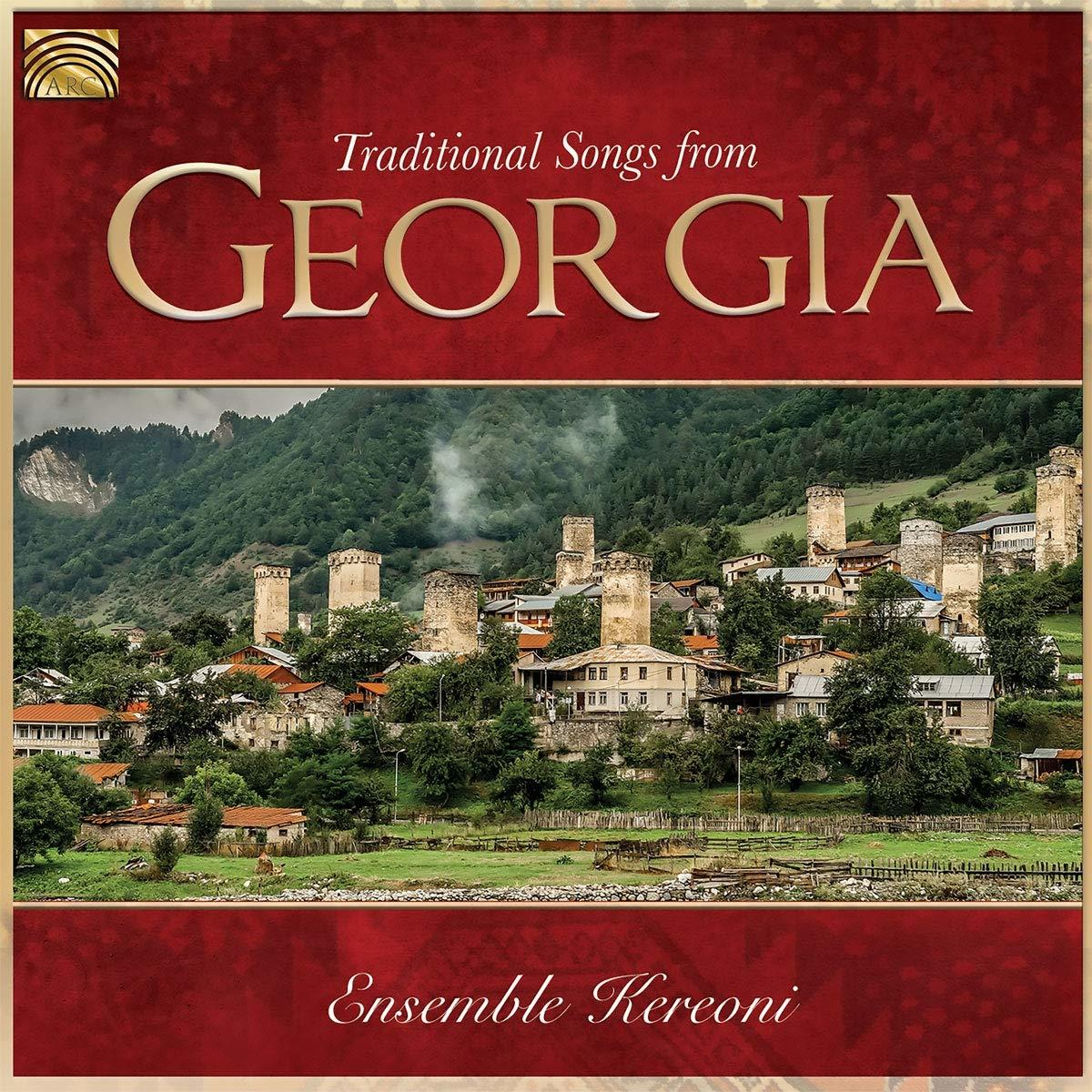 Albumcover: Georgische Landschaft mit Türmen, Titel: Traditional Songs from Georgia, rot und Gold.