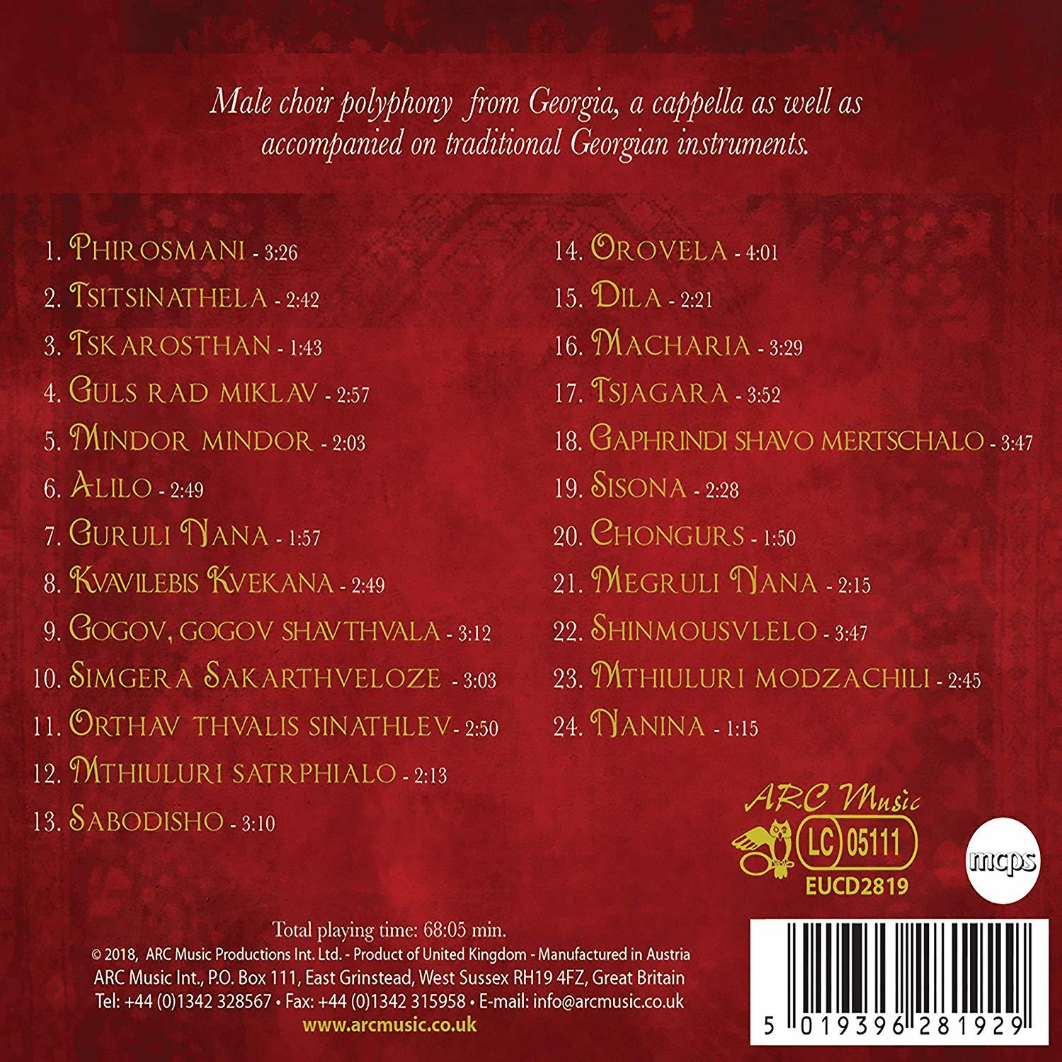 Rückseite einer CD mit Informationen über einen georgischen Männerchor und seine Lieder.