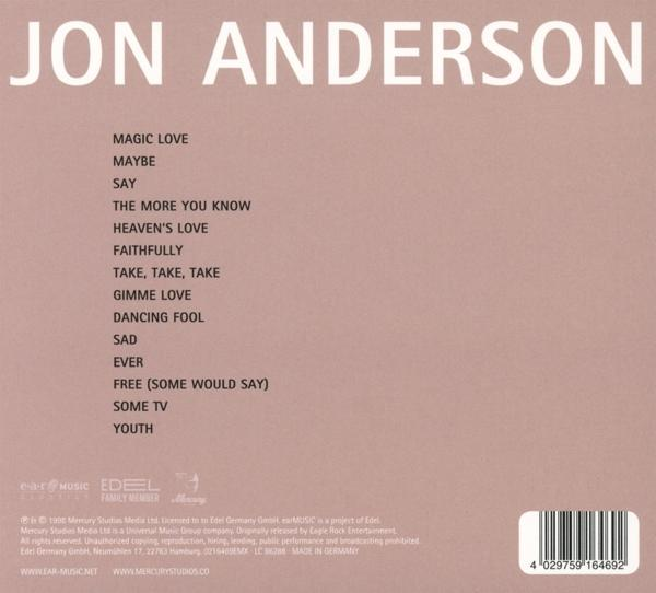 CD-Rückseite mit Jon Andersons Namen und Titelliste. Musiklabel und Barcode vorhanden.