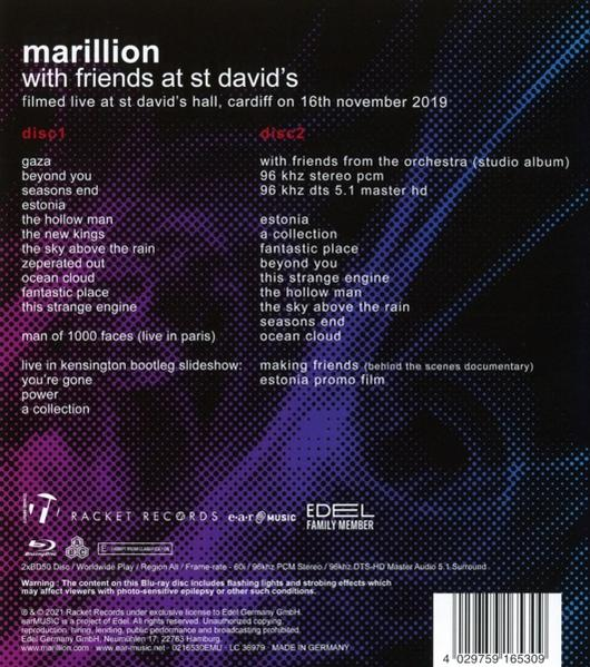 Marillion Albumcover, 'with friends at st david's', mit Titellisten und Credits.