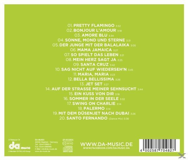 Ein grüner Hintergrund mit einer Liste von Songtiteln, Künstlernamen und zugehörigem Branding.