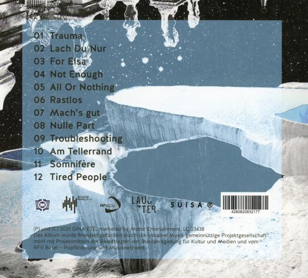 Eine CD-Rückseite mit einer Titelliste und Credits vor einem blau-weißen abstrakten Hintergrund.