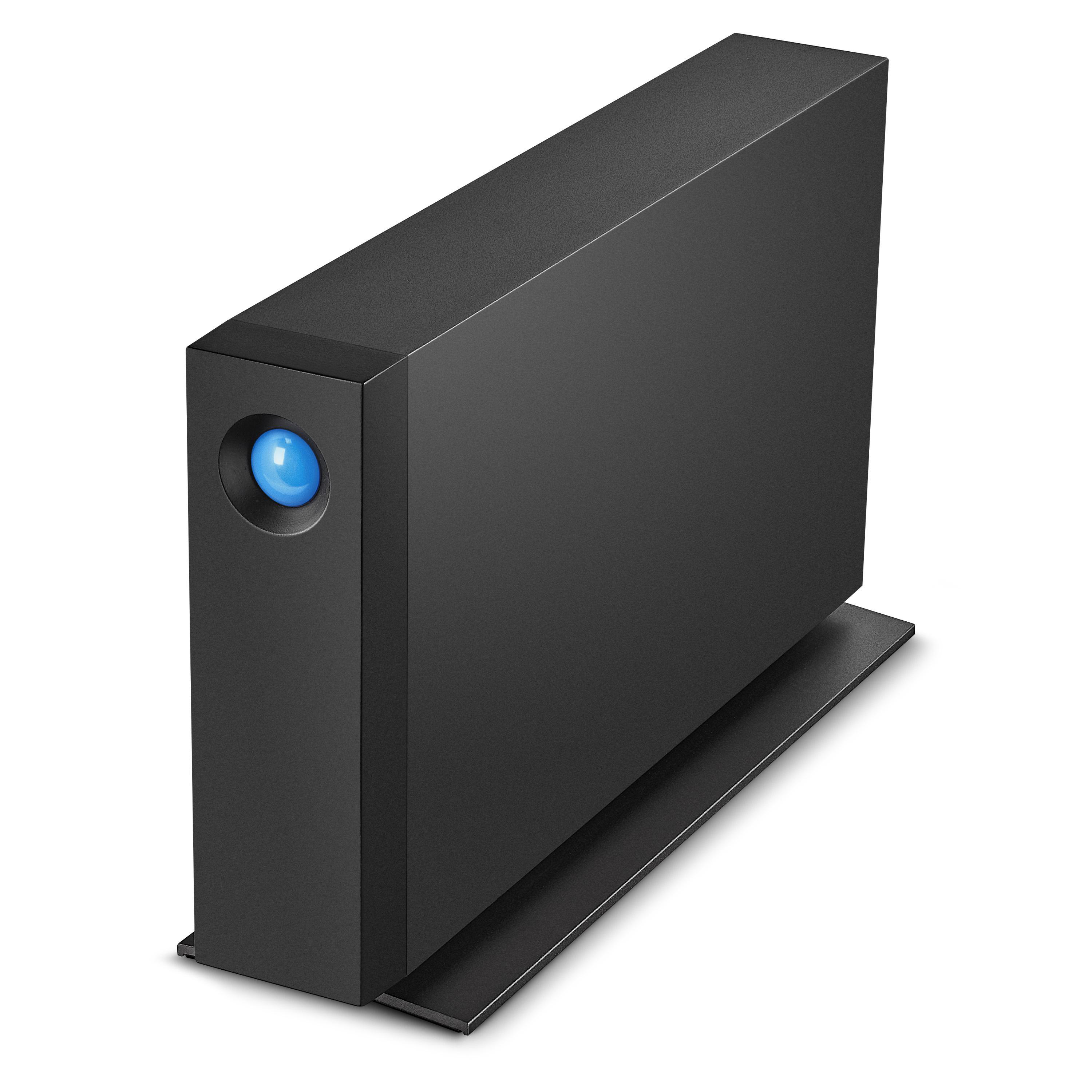 Eine schwarze externe Festplatte mit blauem Licht auf einem schwarzen Ständer.