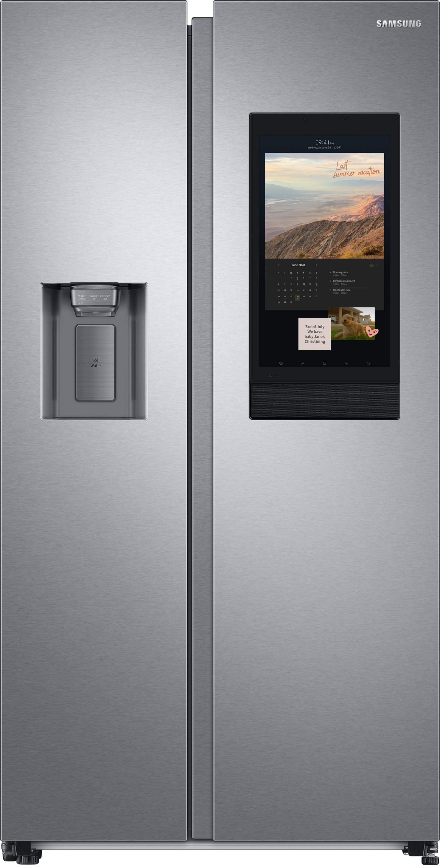 Een roestvrijstalen koelkast met een touchscreen en een waterdispenser.