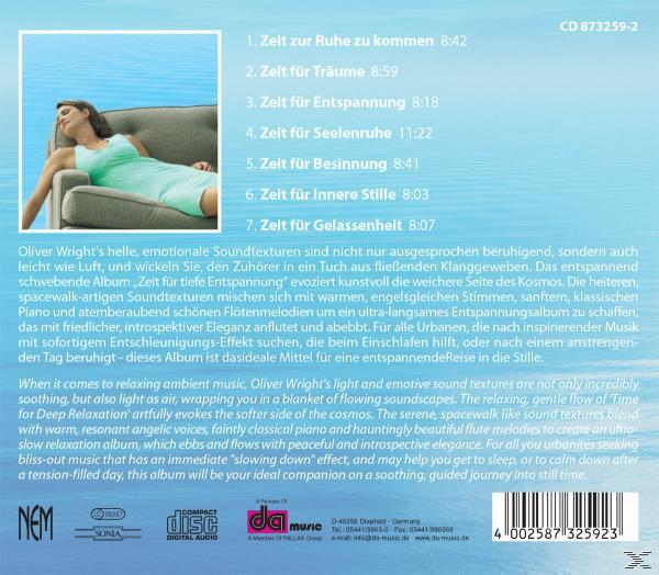 CD-Rückseite mit einer Frau, die sich auf einem Sofa ausruht, mit Text über Entspannungsmusik.