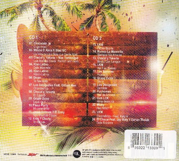 Rückseite einer CD-Hülle mit Titellisten und Palmen-Grafiken.