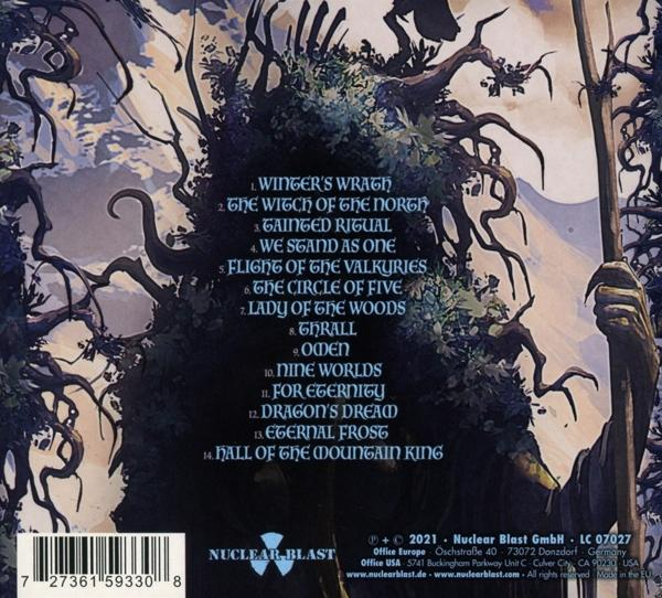 Rückseite eines Albums mit Texten und einem Waldhintergrund.