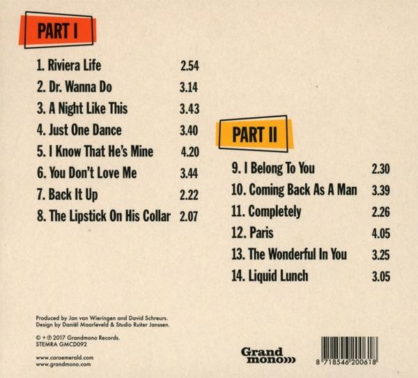 Ein Musikalbumcover mit Trackliste, in Weiß und Beige.