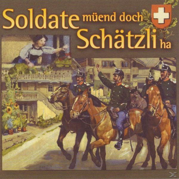 Vintage-Poster zeigt Soldaten auf Pferden. Eine Frau winkt von einem Balkon. Gebäude und Landschaft im Hintergrund.