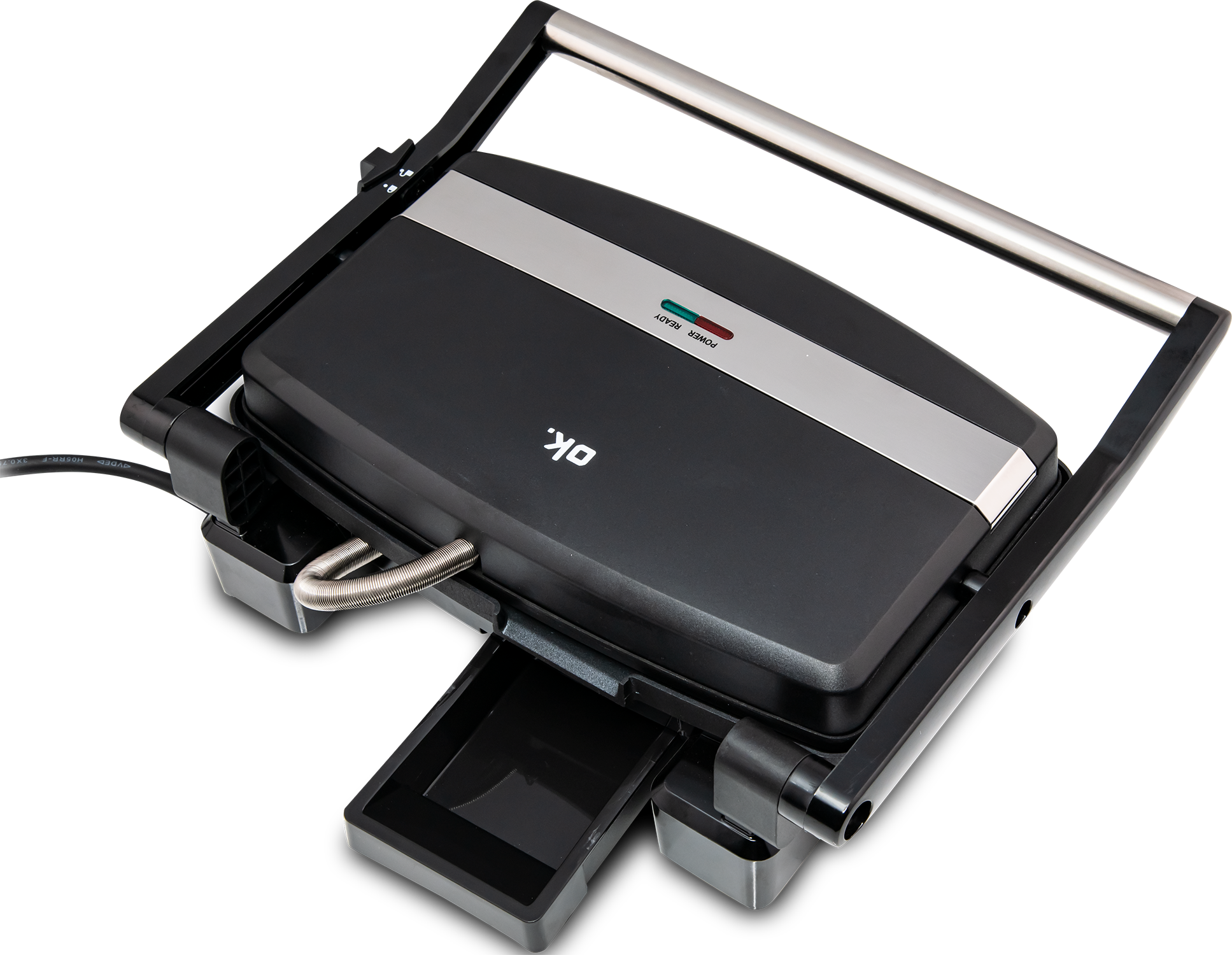 A black OK grill is shown, featuring a silver stripe and power/ready lights. A drawer is open.