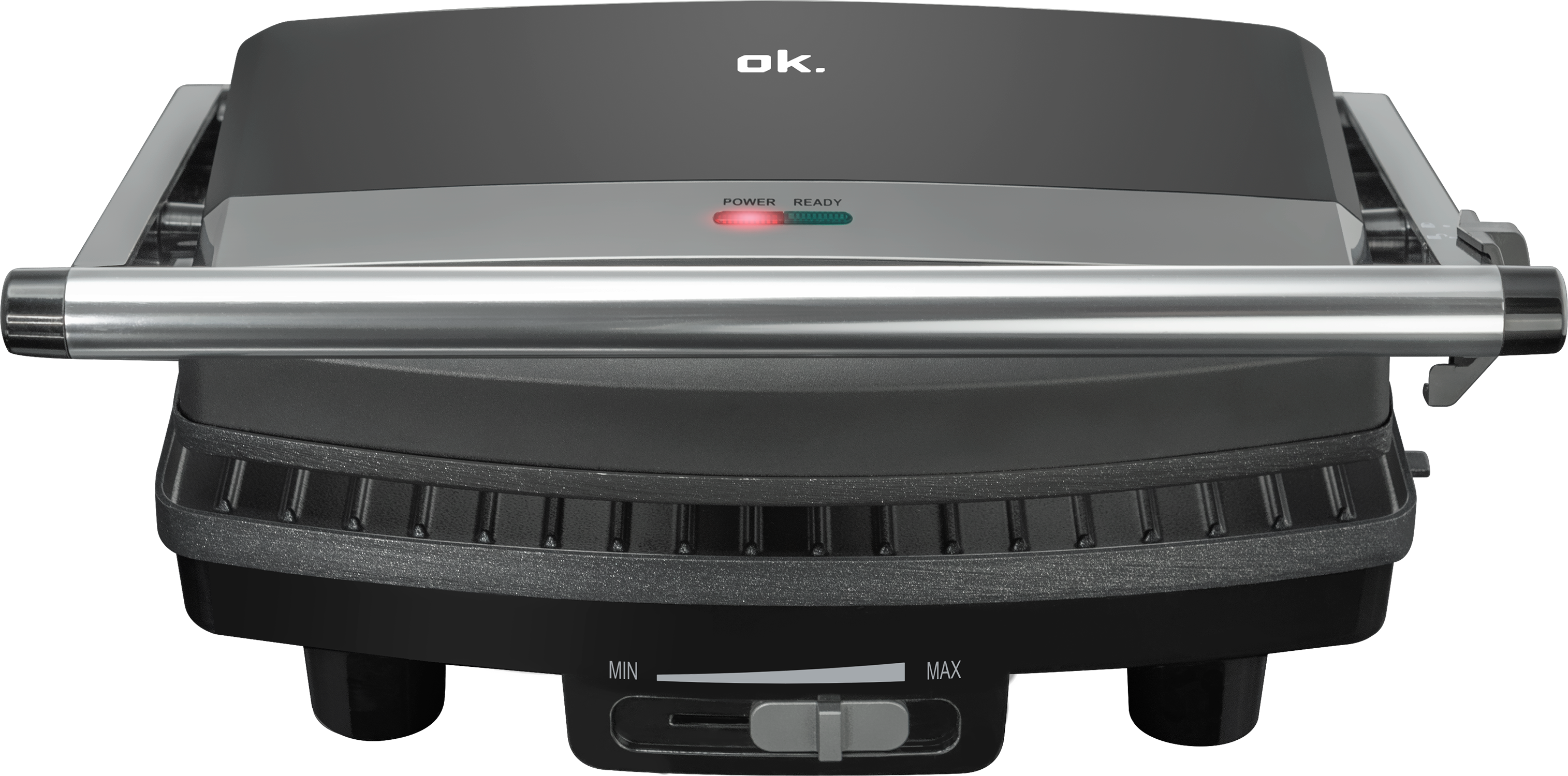 A black panini press with a silver handle and a control slider labeled 'MIN' and 'MAX'.