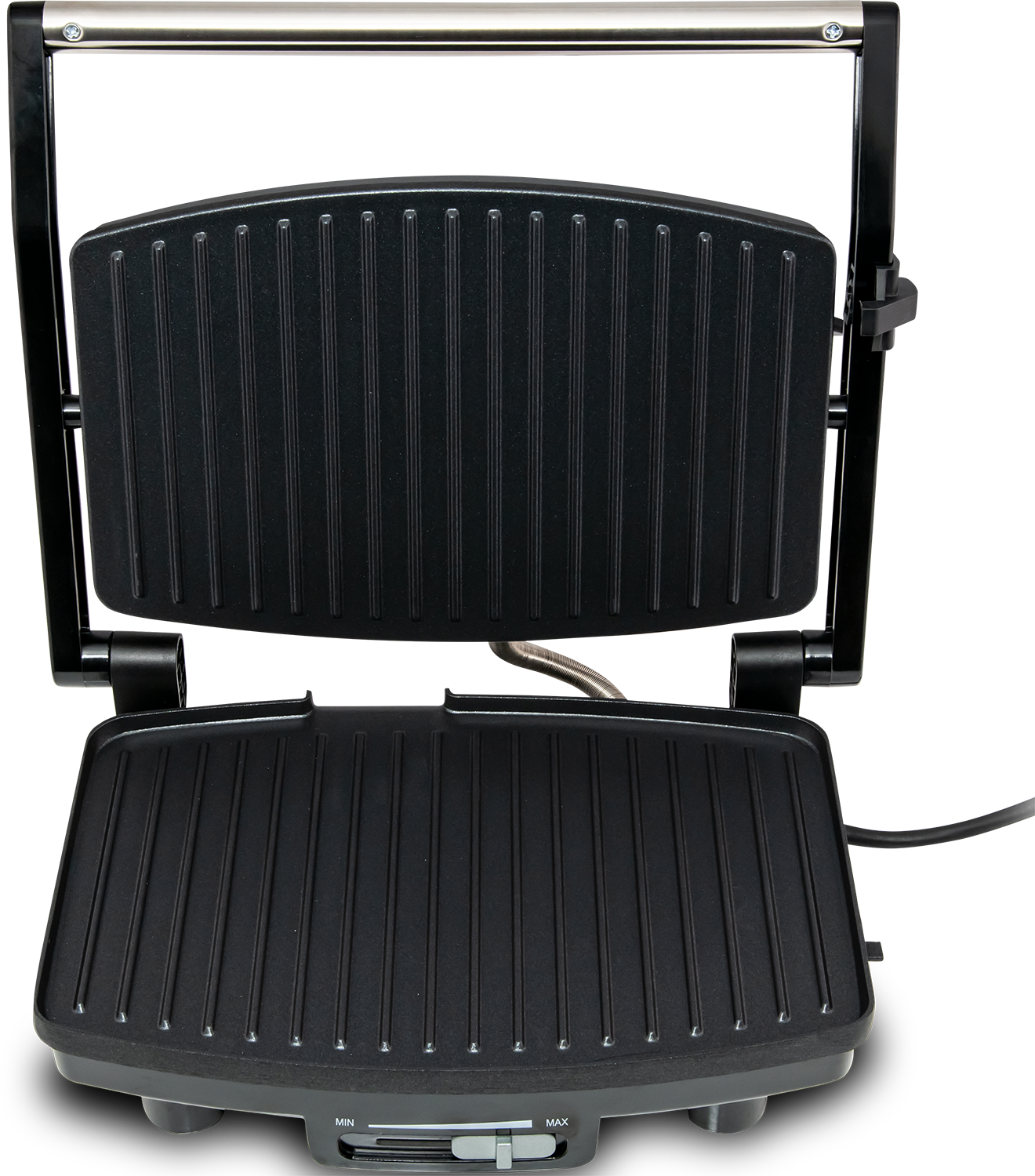 An open black panini grill with grill marks, a handle, and a temperature slider.