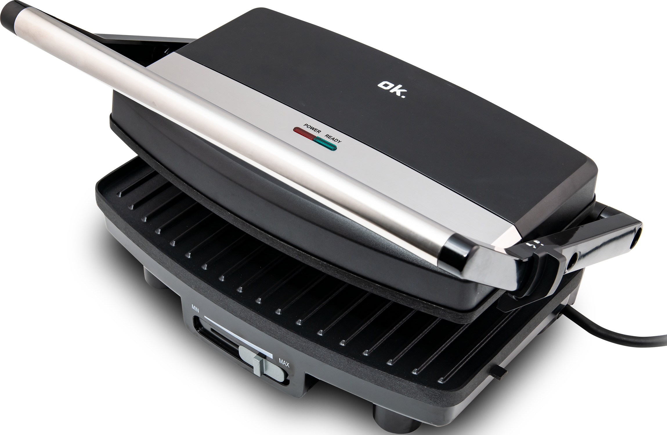 A panini press on a black background. The top is closed, and the control panel is visible.