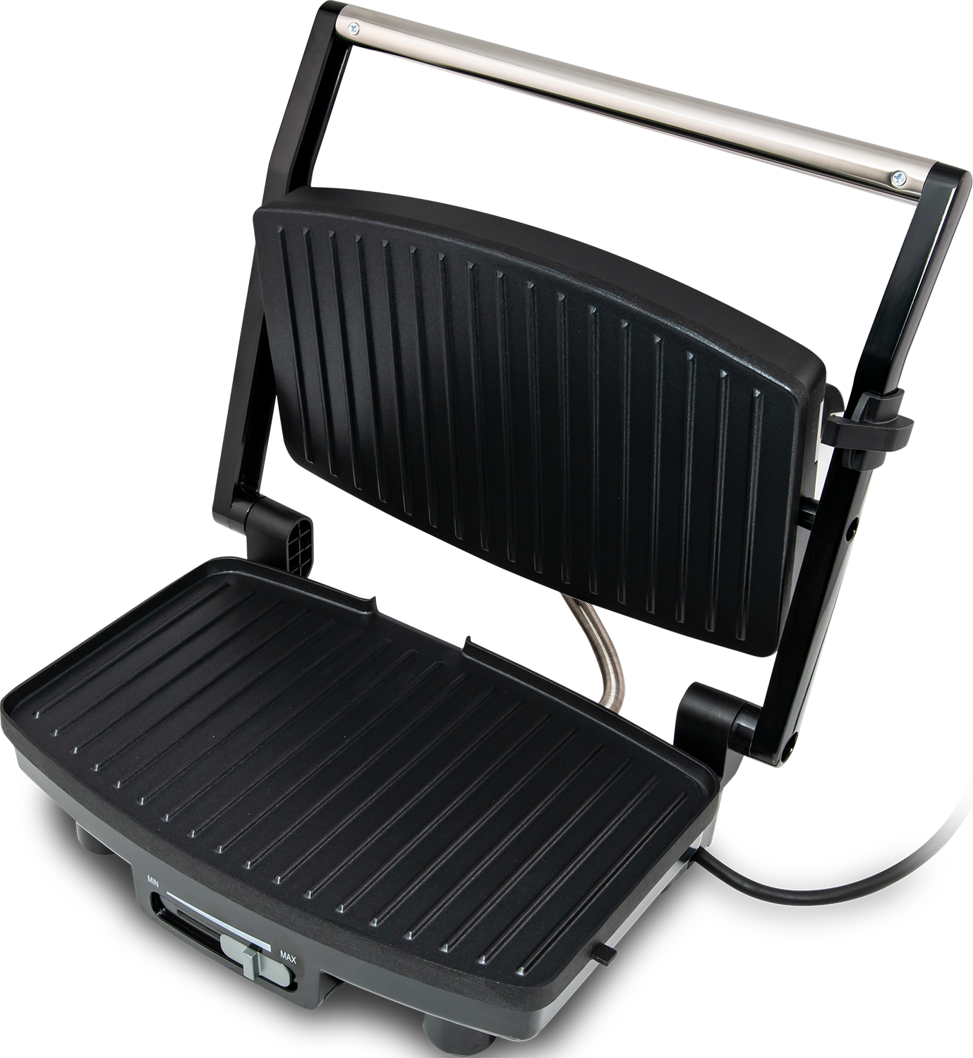 Open grill, top view, with black grill plates and controls.