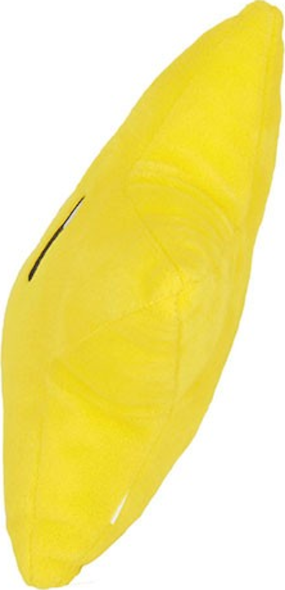 Giocattolo a forma di banana in peluche giallo, sdraiato su un lato, con un piccolo occhio nero.