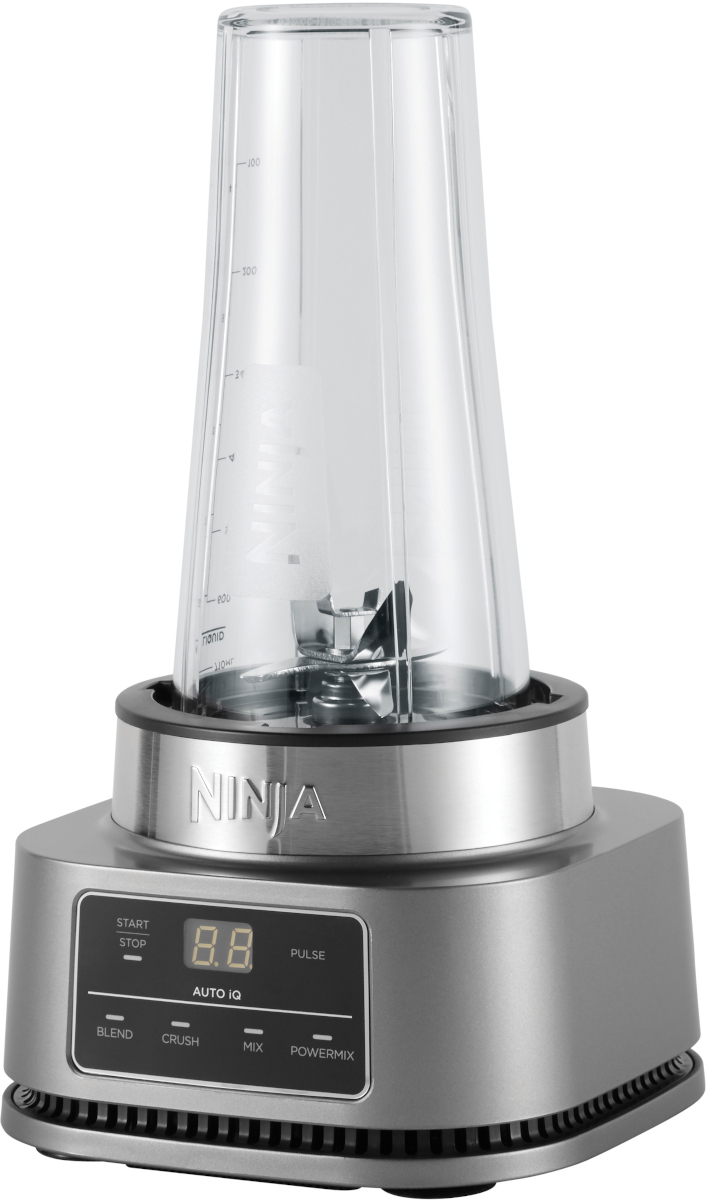 A silver Ninja blender with a clear container. The base has buttons for controls.