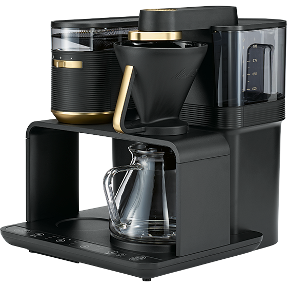 Une cafetière noire et dorée avec de multiples composants.