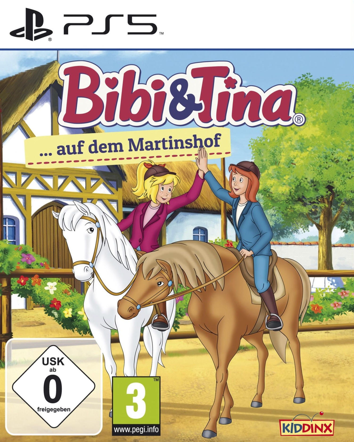 Bibi & Tina Videospiel-Cover. Zwei Mädchen auf Pferden, Cartoon-Stil.
