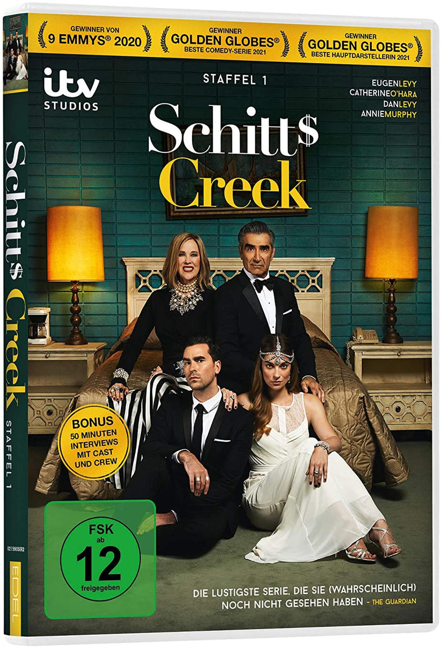 DVD-Cover: Schitt's Creek, eine Gruppe von vier Personen in einem Raum.