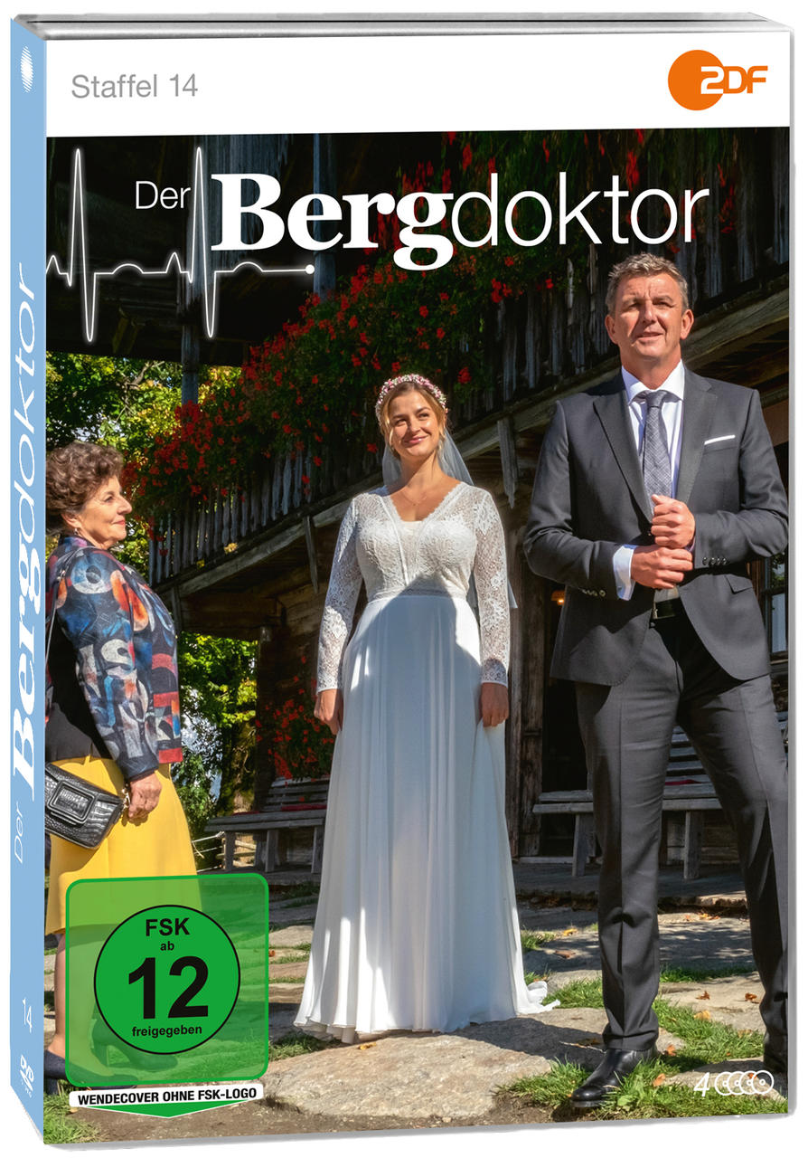 DVD-Cover für 'Der Bergdoktor', mit drei Personen. Braut in weißem Kleid, zwei Männer in Anzügen.