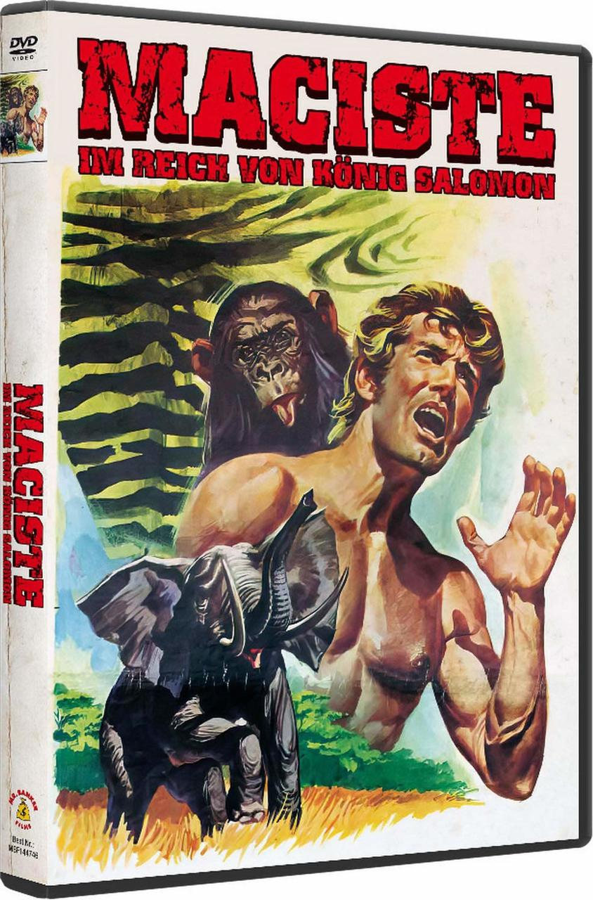 DVD-Hülle des Films Maciste im Reich von König Salomon, ein Mann und ein Schimpanse.