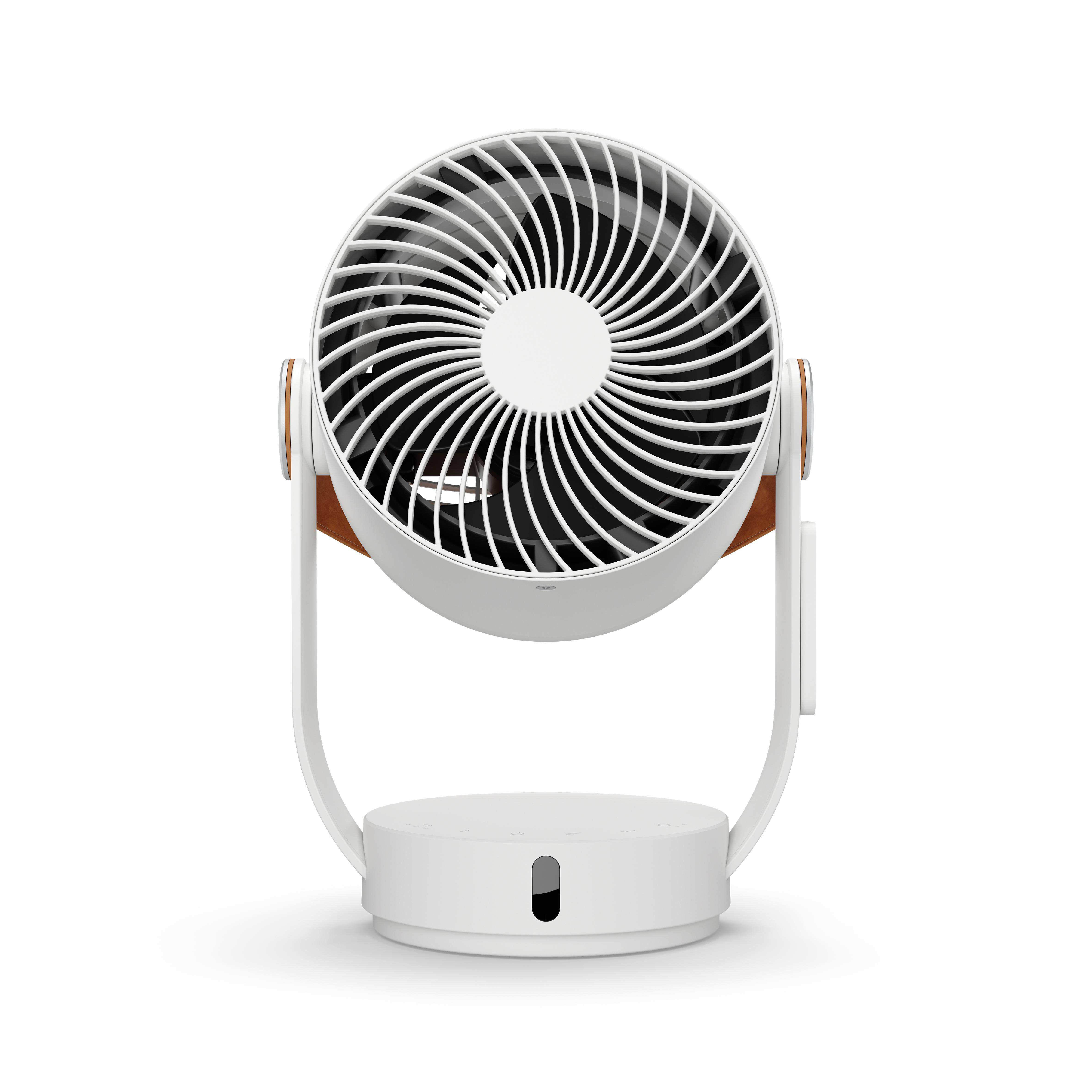 Weißer und brauner Ventilator mit kreisförmigem Design und Ständer.