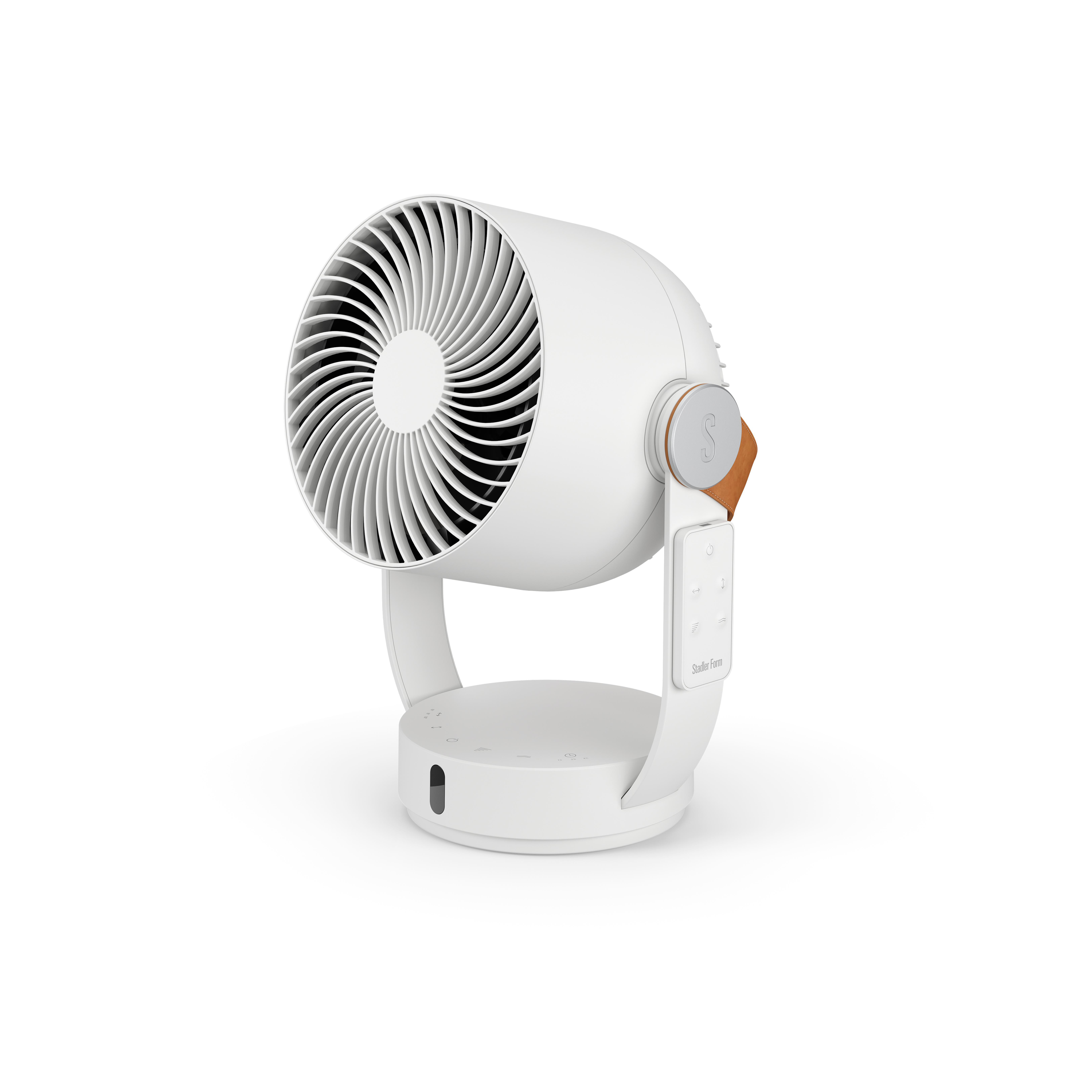 Weißer Ventilator mit kreisförmigem Design. Hat einen braunen Akzent an der Seite.