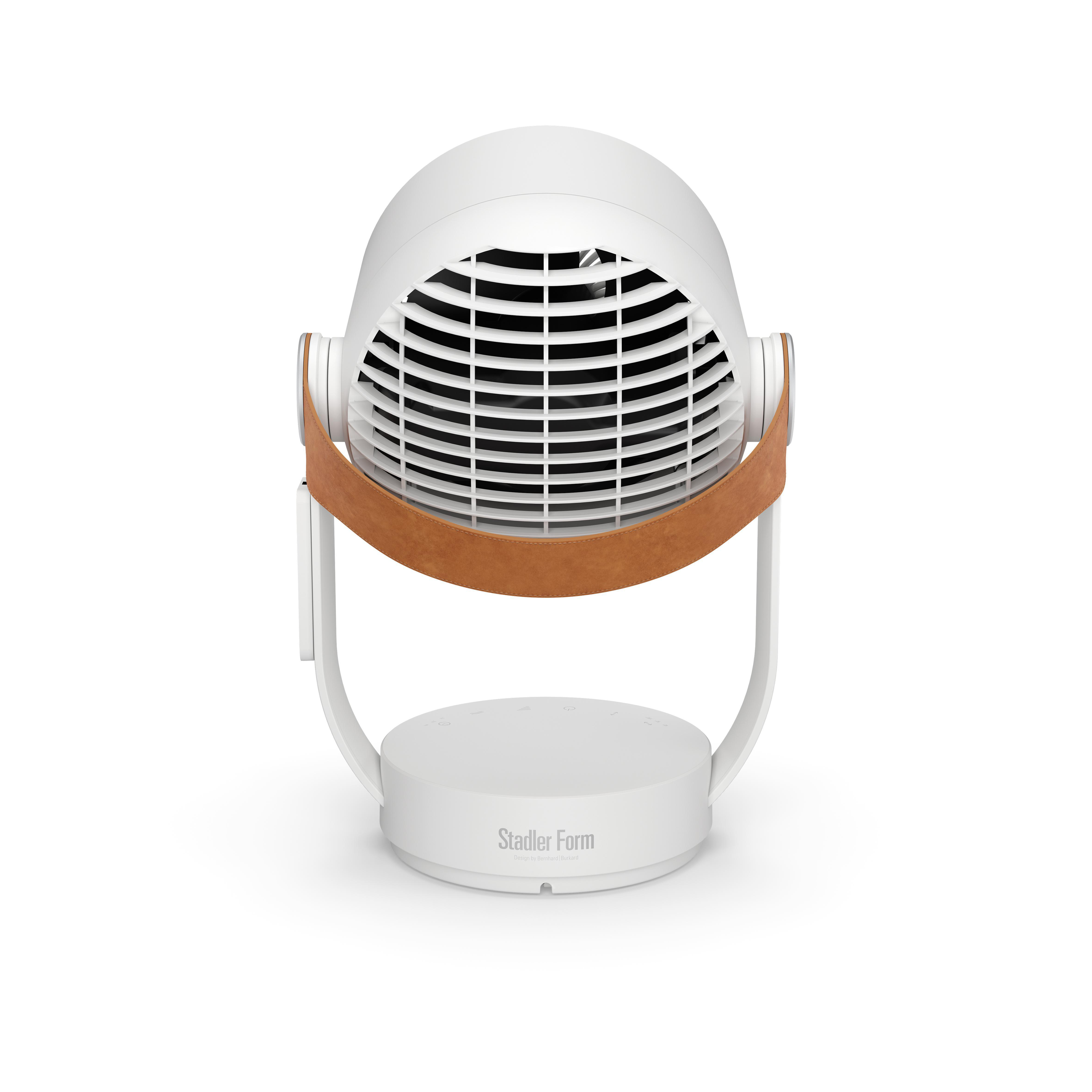Ein weißer Stadler Form Ventilator mit einem braunen Lederriemen.