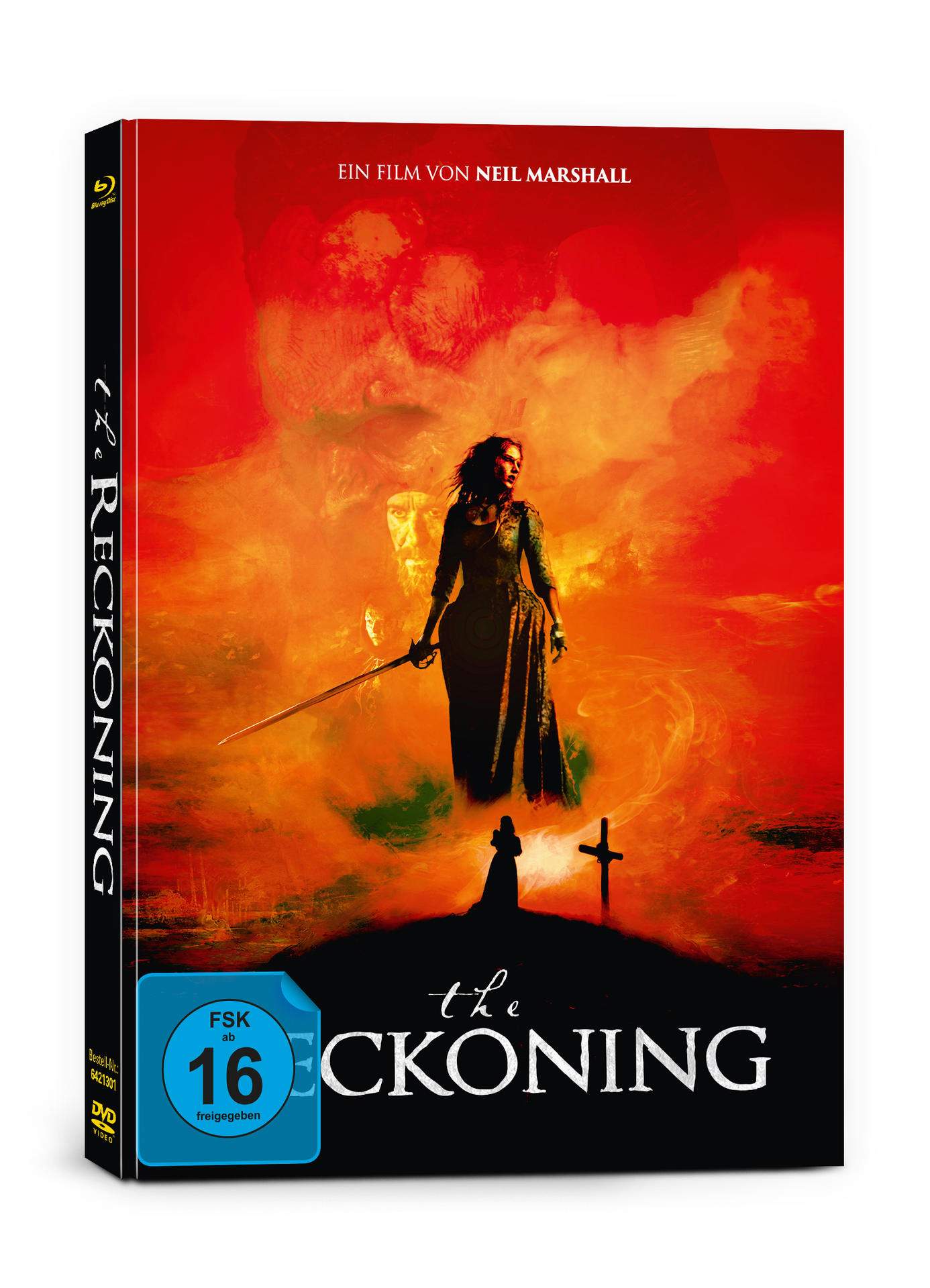 Eine DVD-Hülle für den Film 'The Reckoning' mit einer Frau, die ein Schwert hält.