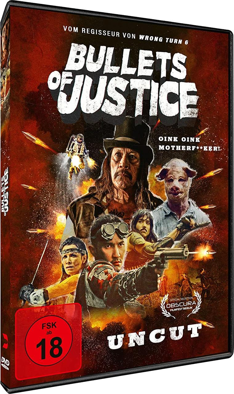 DVD-Cover für "Bullets of Justice" mit Actionfiguren und Text vor rotem Hintergrund.