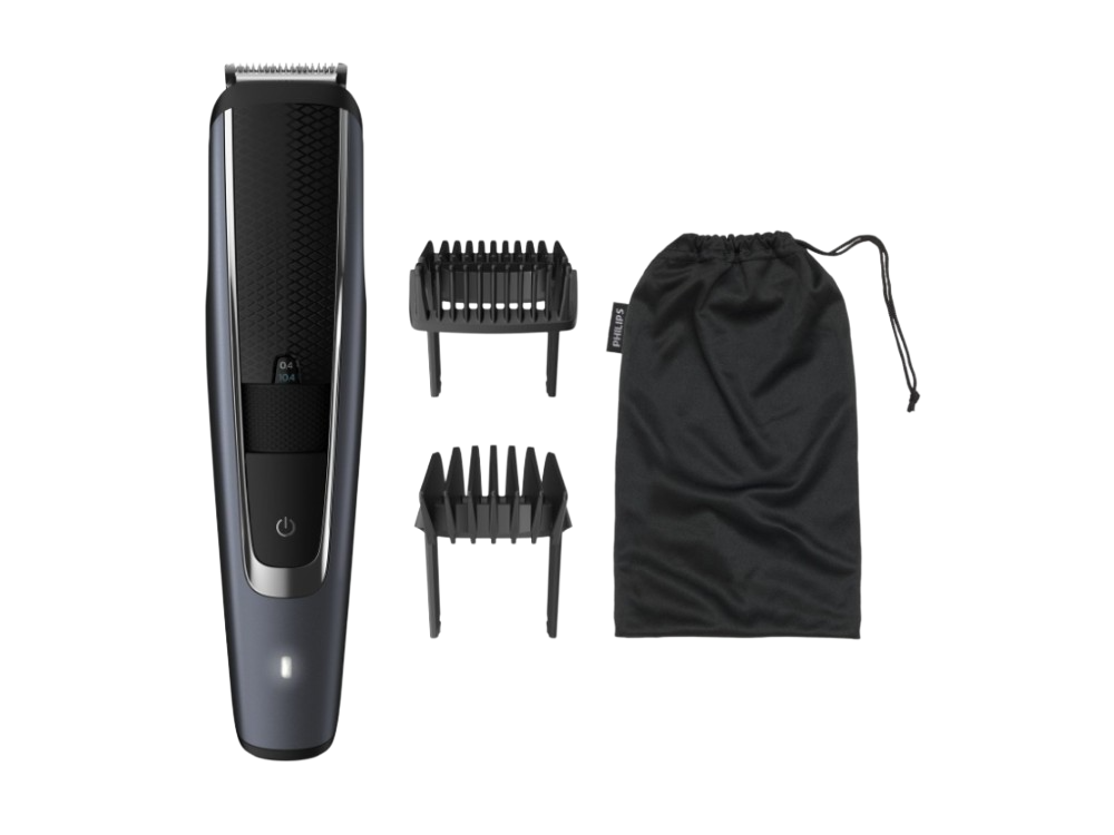 Recortadora de cabello Philips gris con accesorios y una bolsa negra sobre fondo negro.