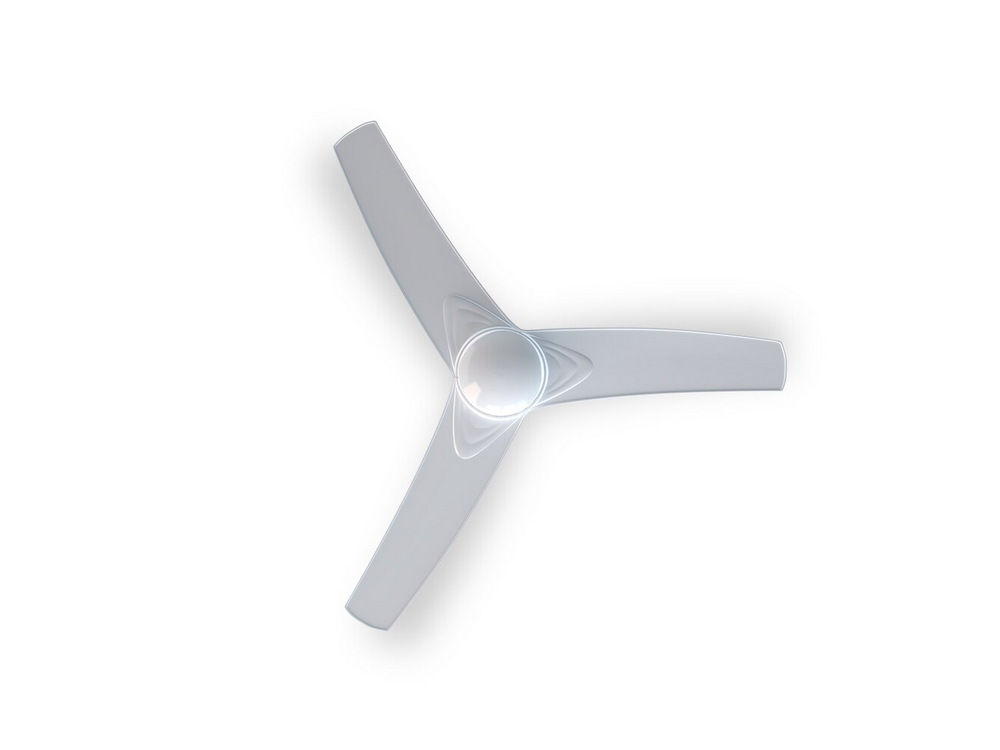 Un ventilador de techo blanco con tres aspas está centrado sobre un fondo blanco. Las aspas tienen un diseño curvo.